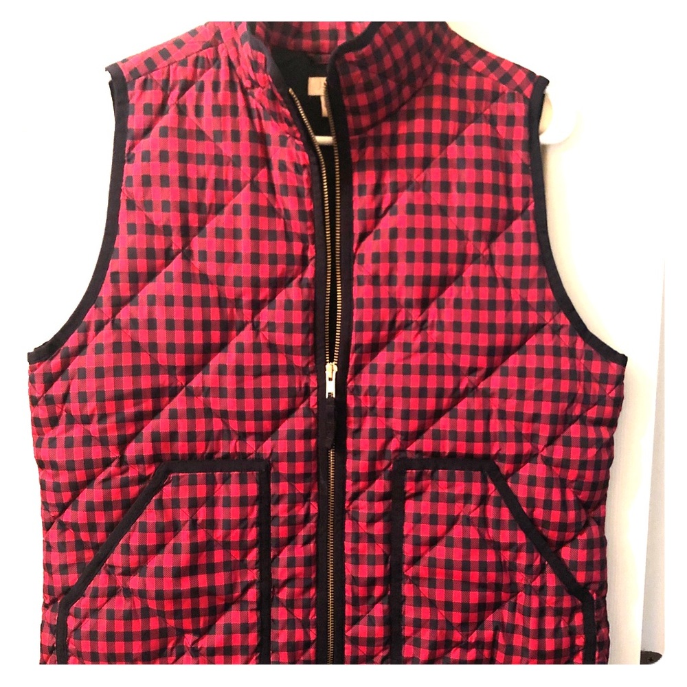 J Crew red and black checkered puffer vest